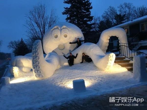 用雪堆出海象、章鱼、海龟，这三兄弟厉害了