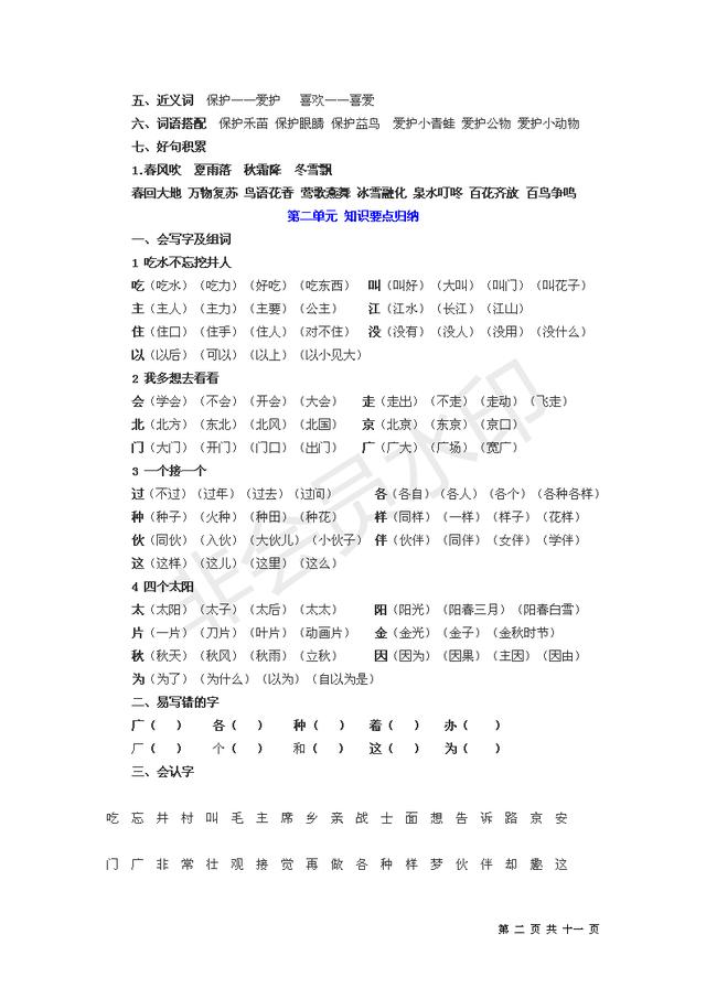 收藏打印可编辑版人教版一年级下单元知识总结