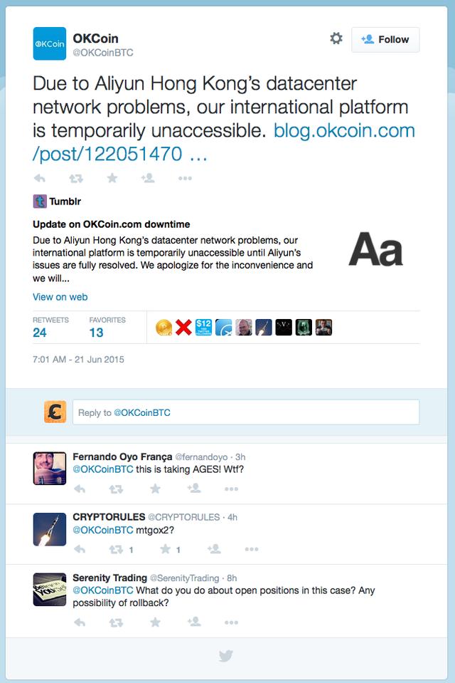 比特币交易平台OKCoin暂停服务，无法访问