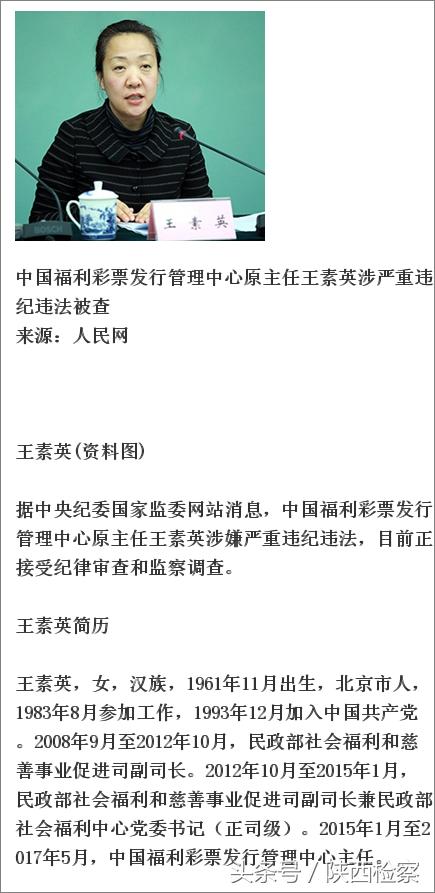 中国福利彩票发行管理中心原主任王素英涉严重违纪违法被查