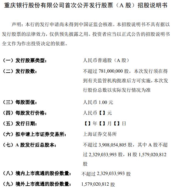 重庆银行A股IPO招股书预先披露更新