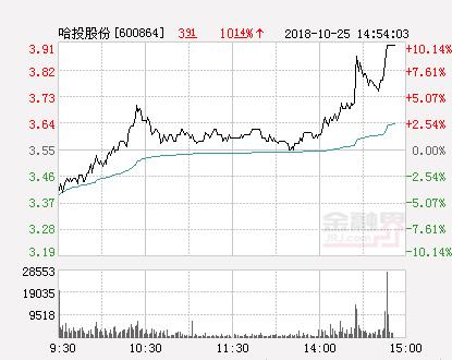 快讯：哈投股份涨停 报于3.91元