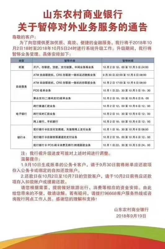 注意啦！山东农村商业银行因系统升级暂停受理业务！