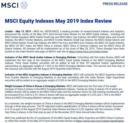 MSCI官宣A股权重扩容由5%到10% 新增纳入26股中文名单来了