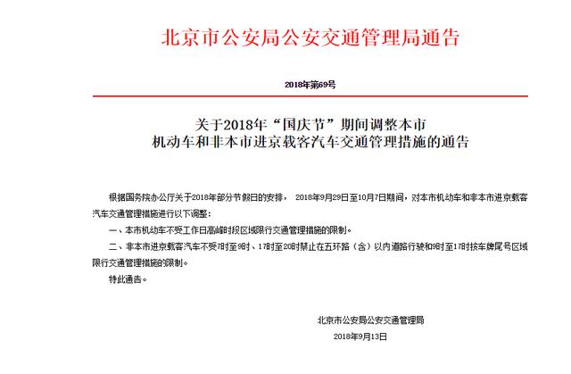 双节期间，外地车进京限行措施有变！