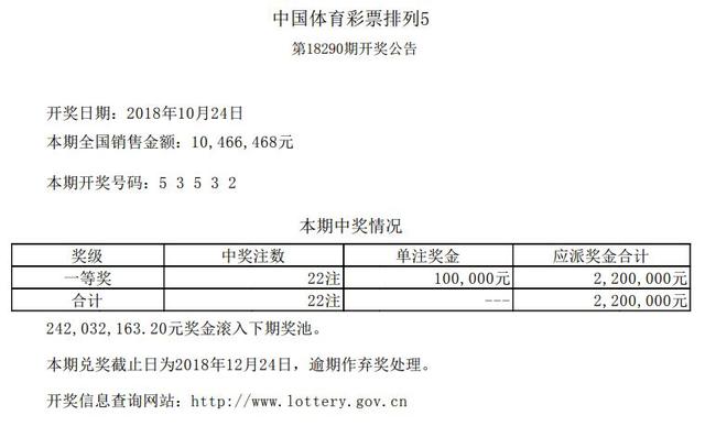 「开奖号码」2018年10月24日中国体育彩票开奖公告