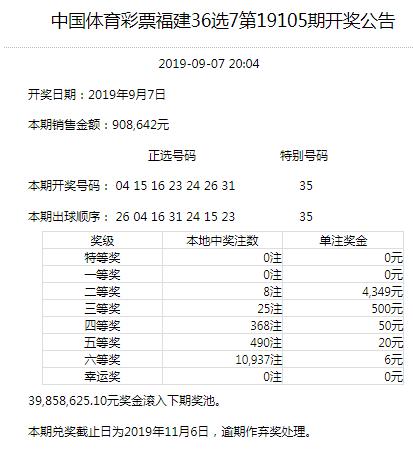 福建，浙江地方体育彩票09.07开奖公告和中奖情况