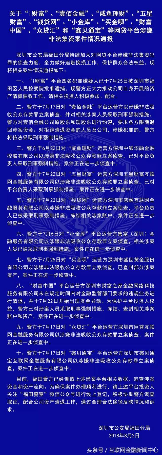 深圳警方深夜通报P2P案件：投之家、i财富等21家平台在列