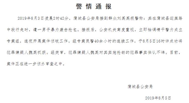 陕西蒲城警方通报暴力袭击抢包事件：嫌犯已被抓获