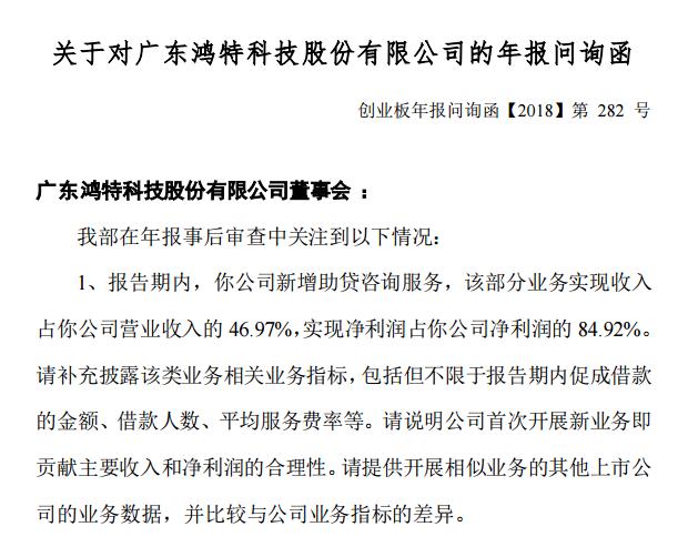 深交所17问鸿特科技 助贷实现净利润占比84.92%未经关键审计事项