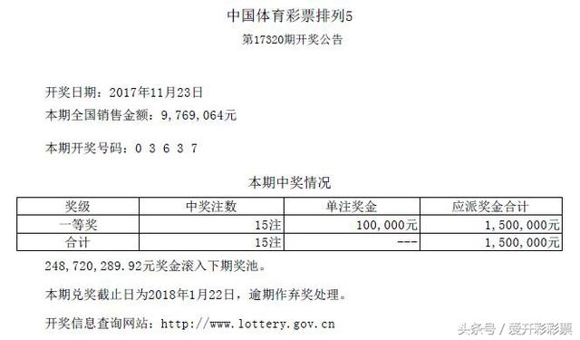 体彩排列3第17320期开出直选头奖2389注