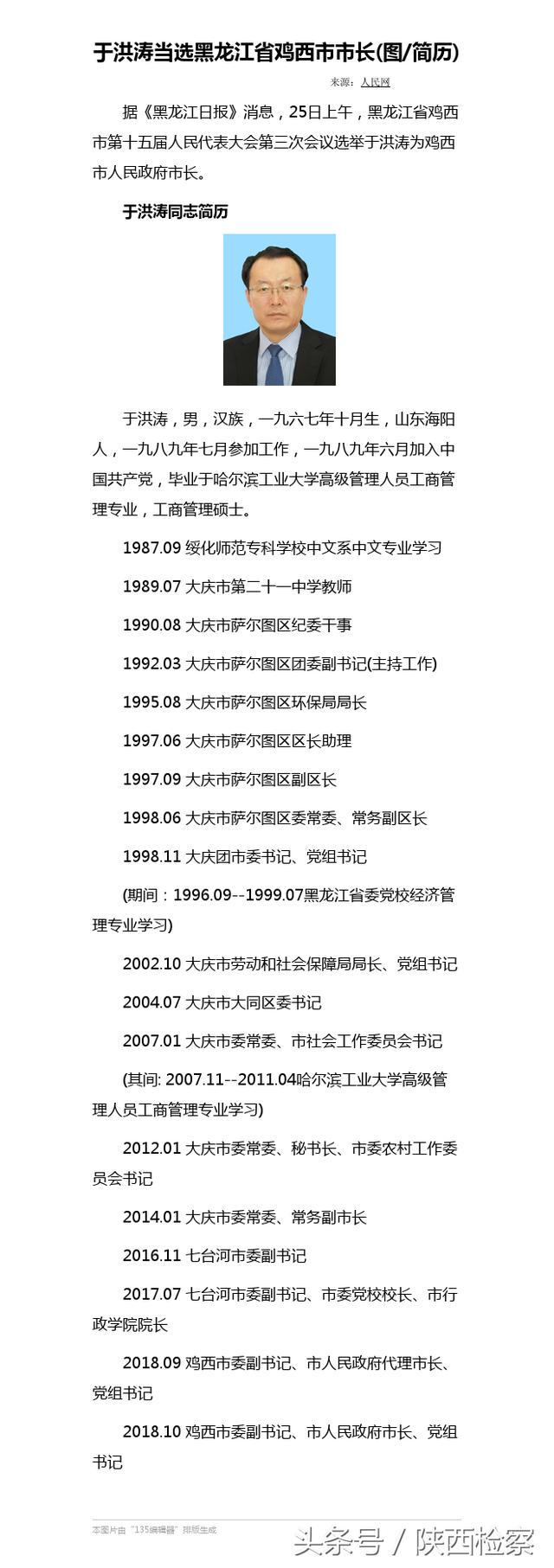 于洪涛当选黑龙江省鸡西市市长（图/简历）