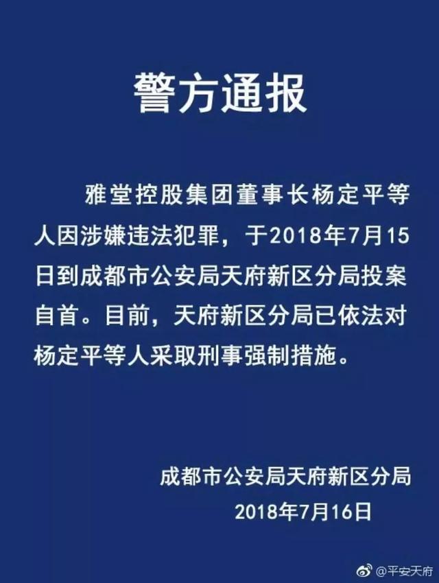 雅堂控股集团杨定平向成都警方自首：四大民间高返平台全军覆没