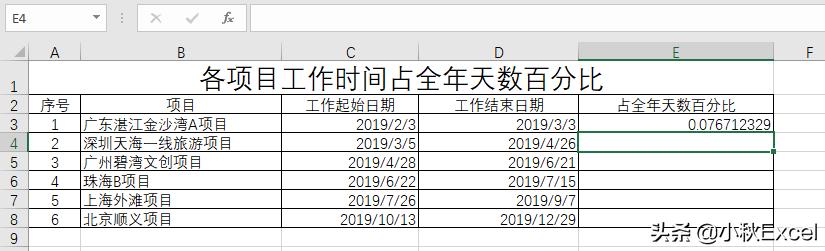 不得不说的Excel小技巧：计算各项目工作时间占全年天数百分比