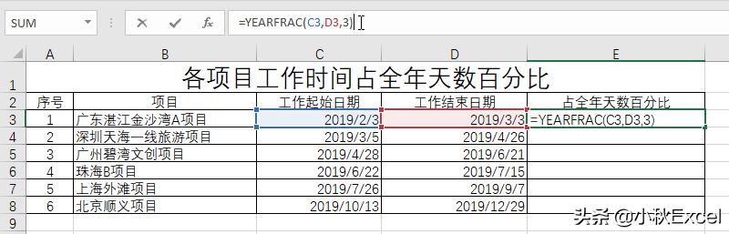 不得不说的Excel小技巧：计算各项目工作时间占全年天数百分比