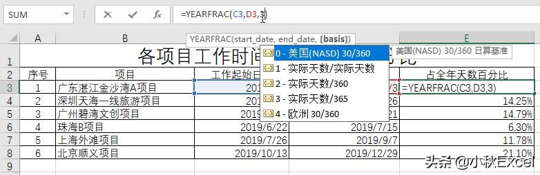 不得不说的Excel小技巧：计算各项目工作时间占全年天数百分比