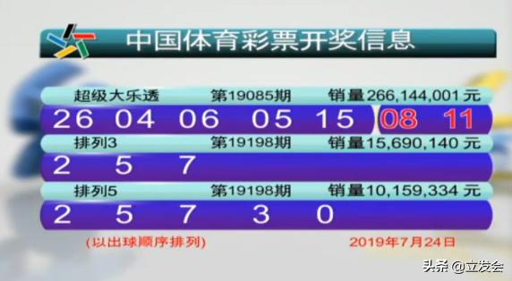 中国体育彩票(7月24日)开奖：大乐透前区456三连号，后区08.11