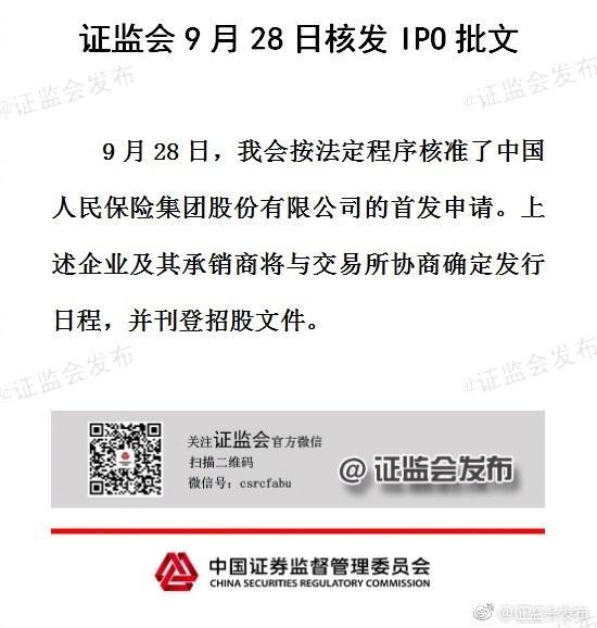 证监会今日核发中国人保IPO批文 未披露募资额