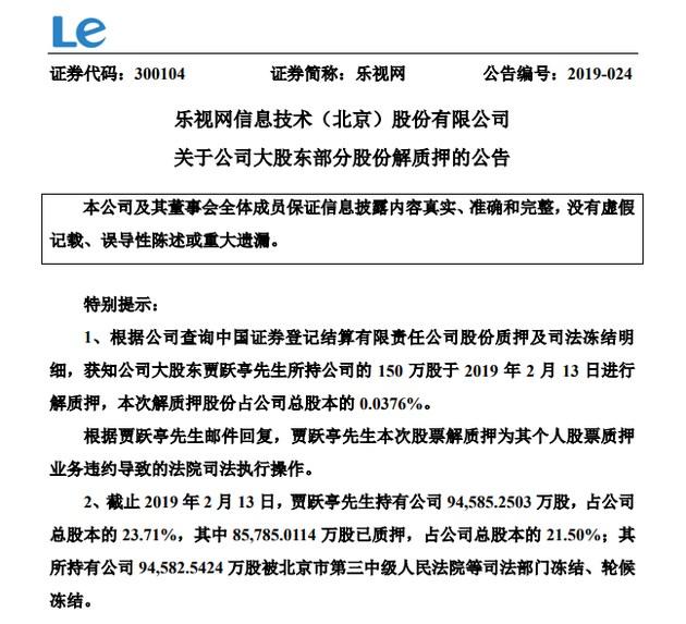 乐视网：贾跃亭150万股份解质押系法院执行