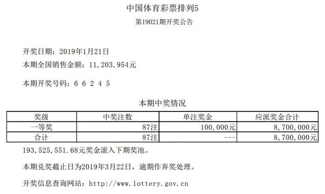 「开奖号码」2019年1月21日中国体育彩票开奖公告