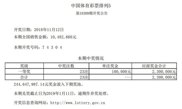 「开奖号码」2018年11月12日中国体育彩票开奖公告