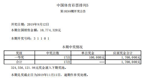 体育彩票排列3，5第19248期开奖公告和中奖情况